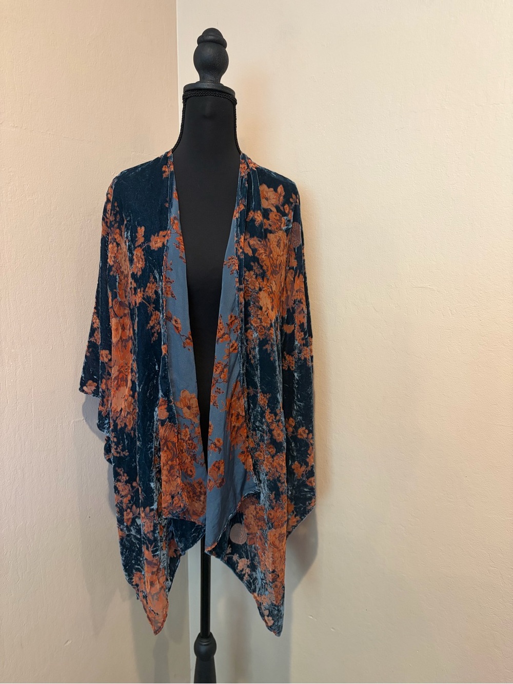 World Market Rust Orange & Blue Crushed Velvet Floral Kimono, One Size